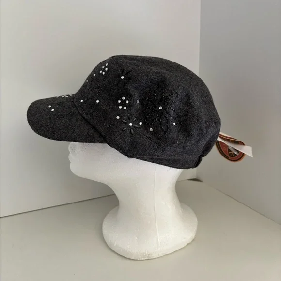 NWT Scala Pronto Grey Floral Gemstone Studded Cadet Cap One Size - Picture 3 of 6